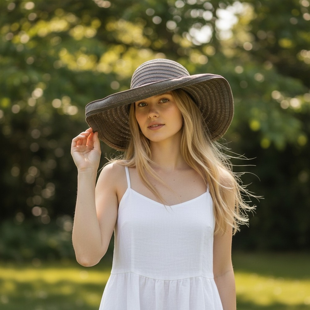 Wallaroo Hat Company Breton Sun Hat Brown Tan Striped Wide Brim Packable Travel